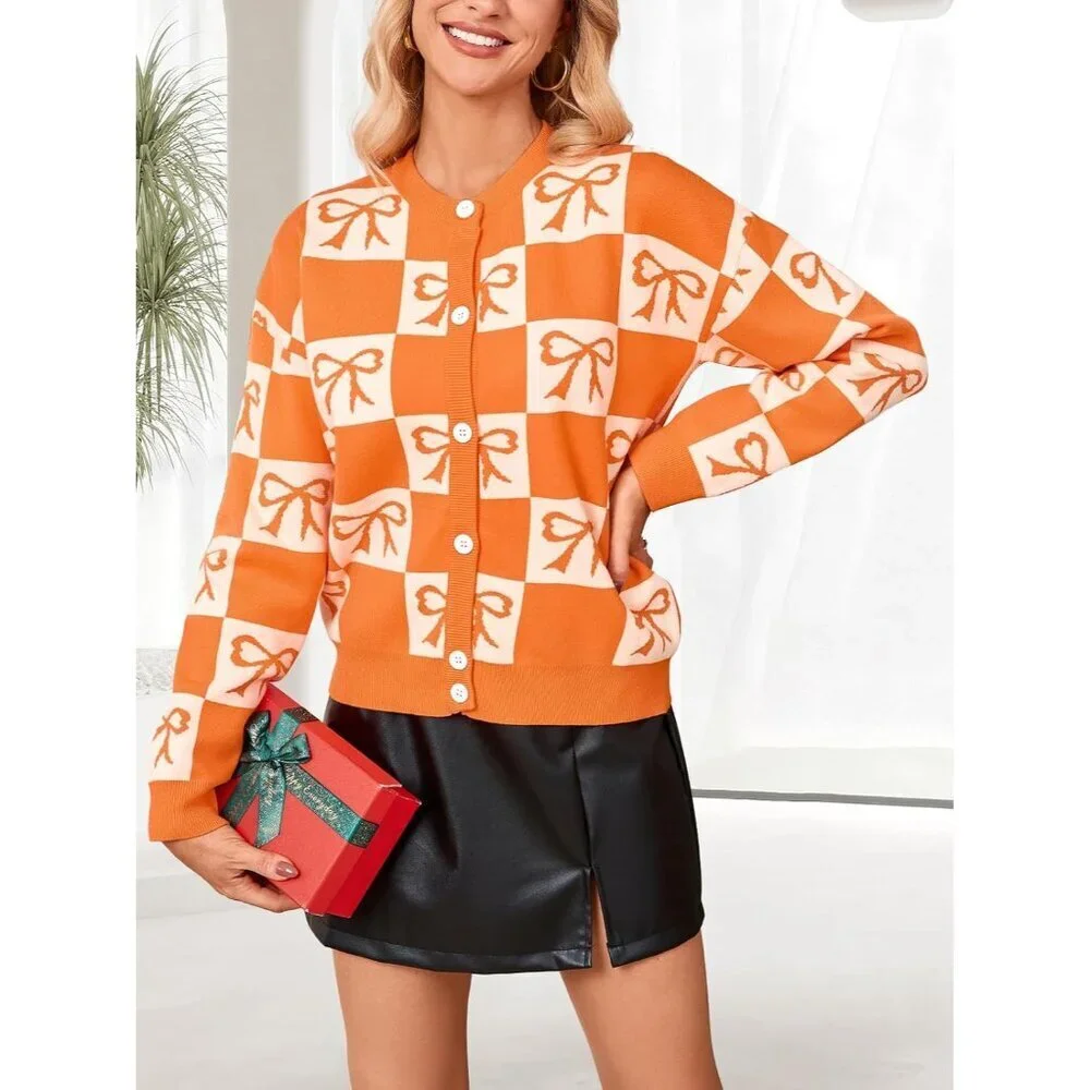 Batwing Checkered Cardigan Women Fall Open Front Chunky Knit Sweater - Picture 4 of 6